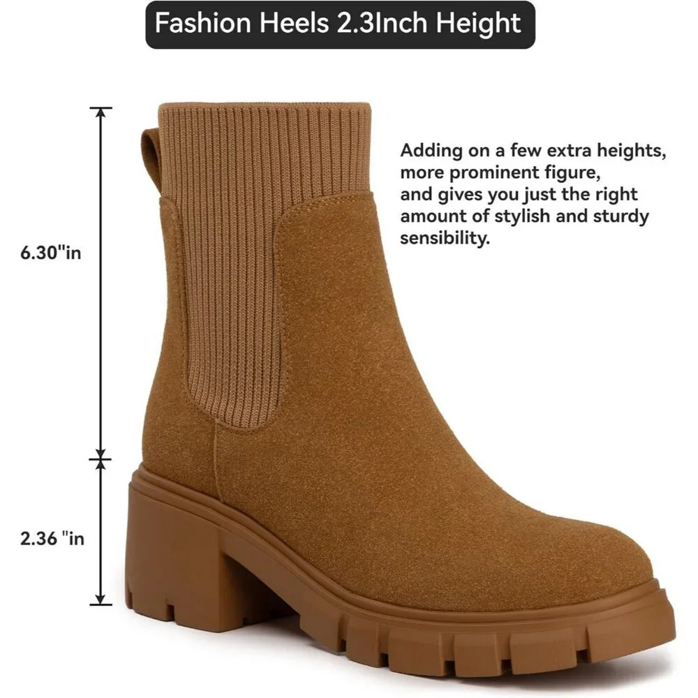 Women's Brown Suede Chelsea Platform Boots Slip On Lug Sole Chunky Ankle Booties - Picture 5 of 6